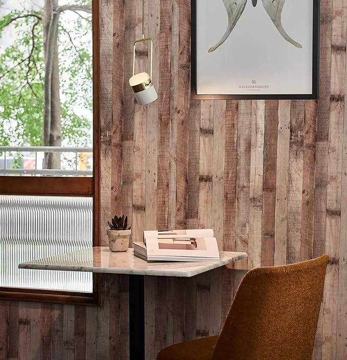 Yun-aeon Natural Wood-Cinnamon Wood Contact Paper Peel and Stick Wallpaper 17.3"x 400"Self Adhesive Removable Vintage Faux Wood Wall Paper Plank Shelf Home Decoration Kitchen Counter Cover Use