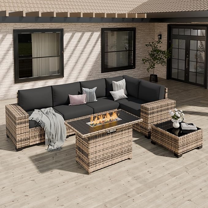 Patio Furniture Set, Wide Armrest Outdoor Furniture Set with 44" Fire Pit Table Thick Cushions, 7 Piece Wicker Rattan Patio Sectional Sofa for Backyard, Poolside, Garden