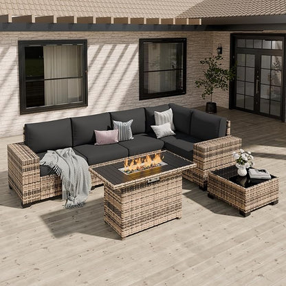 Patio Furniture Set, Wide Armrest Outdoor Furniture Set with 44" Fire Pit Table Thick Cushions, 7 Piece Wicker Rattan Patio Sectional Sofa for Backyard, Poolside, Garden