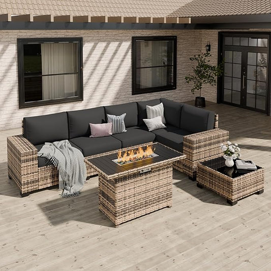Patio Furniture Set, Wide Armrest Outdoor Furniture Set with 44" Fire Pit Table Thick Cushions, 7 Piece Wicker Rattan Patio Sectional Sofa for Backyard, Poolside, Garden