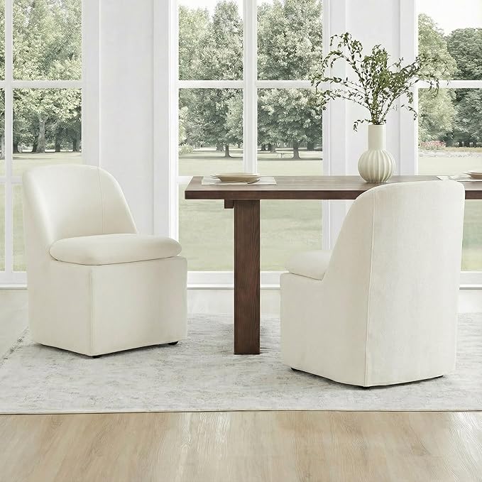 KISLOT Upholstered Dining Chairs Set of 2 with Casters, Modern Side Armless Deskchair with Washable Slipcover & Sturdy Metal Frame for Diningroom Bedroom Livingroom Reading Room, Beige Fabric
