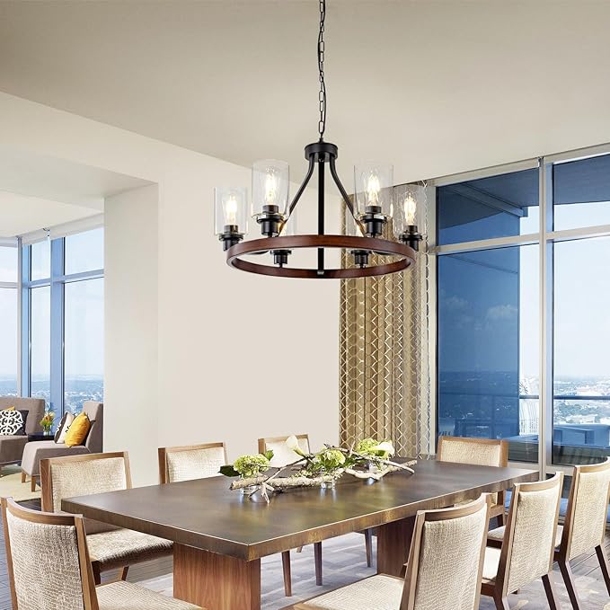 Lanhall 6-Light Farmhose Chandelier for Dining Room Light Fixture Faux Wood Kitchen Pendant Light Round Rustic Ceiling Hanging Lighting with Glass Globes Adjustable Height Metal E26