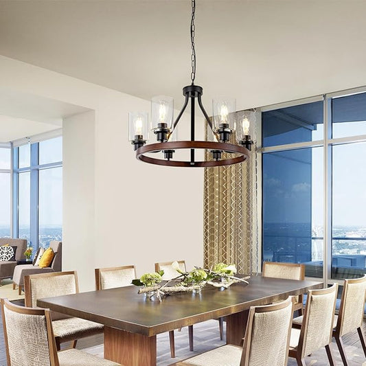 Lanhall 6-Light Farmhose Chandelier for Dining Room Light Fixture Faux Wood Kitchen Pendant Light Round Rustic Ceiling Hanging Lighting with Glass Globes Adjustable Height Metal E26