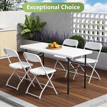 4ft Folding Table, Heavy Duty Plastic Card Table with Foldable Steel Legs, Metal Frame Support up to 400 lb, Portable for Indoor, Outdoor, Picnic, Camping, Dining, Party, White