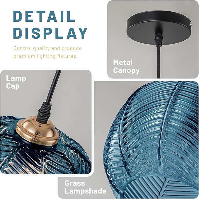 Dark Blue Striped Glass Pendant Light Adjustable Hanging Light Vintage Industrial Ceiling Hanging Fixture for Kitchen Island, Dining Room, Bar, Entryway