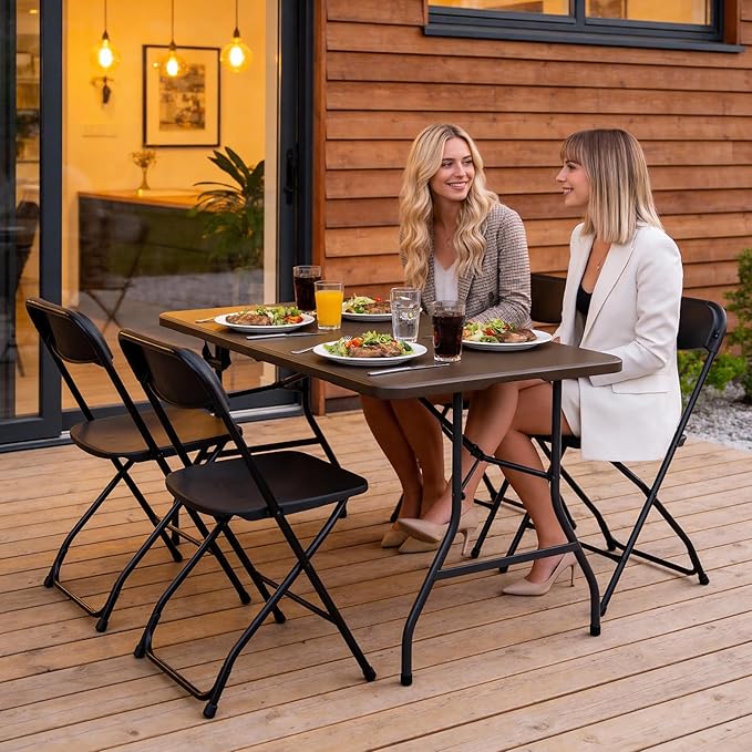 Folding Table 5ft - Heavy Duty Fold-in-Half Plastic Table with Adjustable Height, Portable Utility Tables with Steel Legs for Indoor, Outdoor, Picnic, Camping, Dining, Party (Brown)