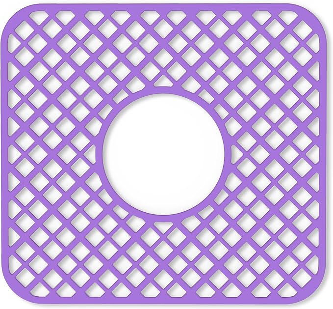 2 Pack Silicone Sink Protector for Kitchen Sink, Trellis Pattern 12 x 11" Sink Grid Mat Silicone Protectors, Center Drain, Purple