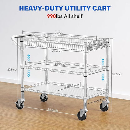 YNN Chrome Utility Rolling Cart,990Lbs 3 Tier Heavy Duty Metal Cart with Wheels & Handle NSF Wheeled Cart 31" D x 18" W x 33" H for Bedroom, Bathroom, Kitchen,Garden,Decor,Serving