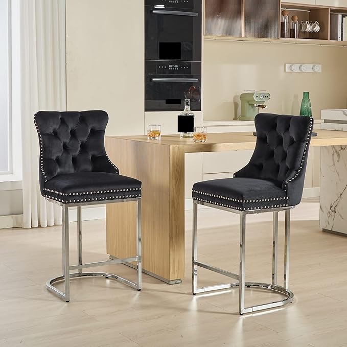 26" Counter Height Bar Stools Set of 2, Modern Velvet Barstools with Button Back&Rivet Trim Upholstered Kitchen Island Chairs with Sturdy Chromed Metal Base Legs