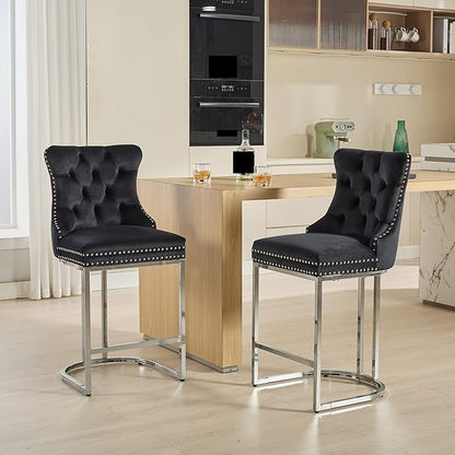 26" Counter Height Bar Stools Set of 2, Modern Velvet Barstools with Button Back&Rivet Trim Upholstered Kitchen Island Chairs with Sturdy Chromed Metal Base Legs