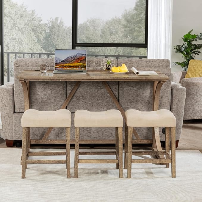 Polibi 4-Piece Farmhouse Counter Height Dining Set,Bar Table and Chairs Set,Bar Table with Power Outlet and 3 Padded Saddle Seat Stools for Living Room,Dining Room,Game Room,Brown