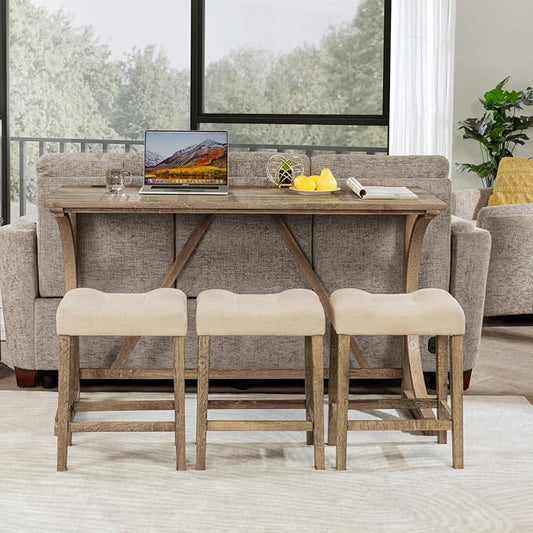 4 Piece Bar Table Set with Power Outlet, Wooden Counter Height Table with 3 Upholstered Stools, Modern Kitchen Dining Table Set for 4, Bar and Dining Room Table Set for Home, Brown