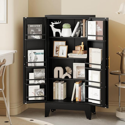 PAOFIN 47" Kitchen Pantry Cabinet, Metal Storage Cabinet with 3 Adjustable Layer Shelves, 8 Door Shelves, Buffet Sideboard for Living Room, Kitchen, Black