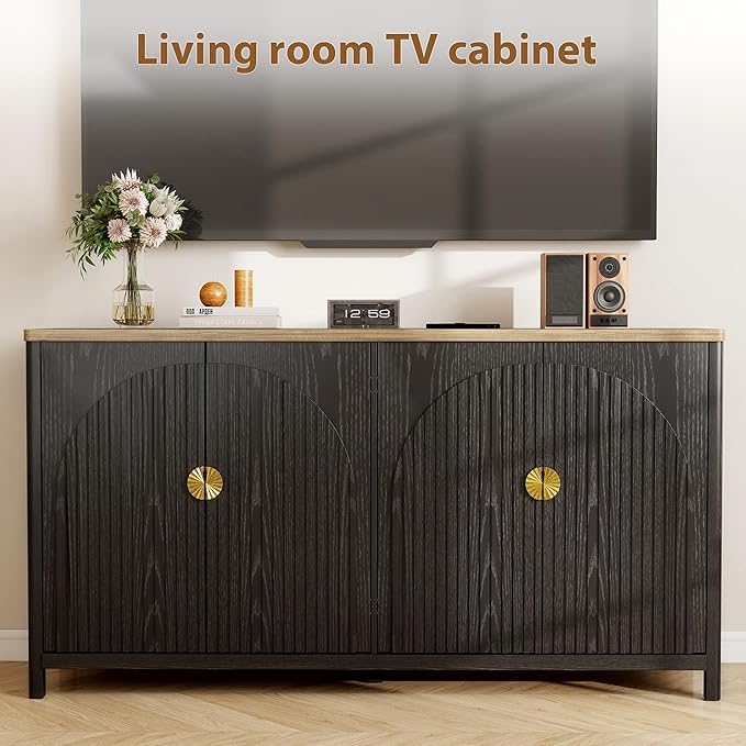 Sideboard Cabinet with Storage - 63” Large Kitchen Buffet Table, Adjustable Shelf & 4 Fluted Doors Farmhouse Coffee Bar for Living Room Dining Room Entryway, Black