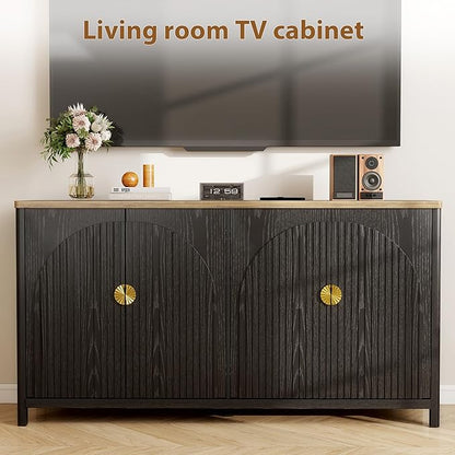 Sideboard Cabinet with Storage - 63” Large Kitchen Buffet Table, Adjustable Shelf & 4 Fluted Doors Farmhouse Coffee Bar for Living Room Dining Room Entryway, Black