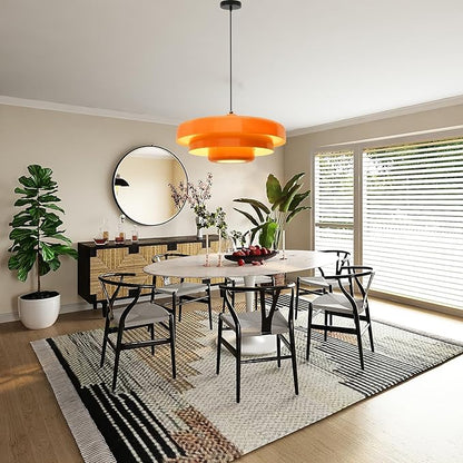 19.7" Large Mid Century Chandelier, 3-Tier Orange Metal Shade Pendant Light, Industrial Adjustable Ceiling Hanging Fixture for Dining Room, Hallway, Bedroom