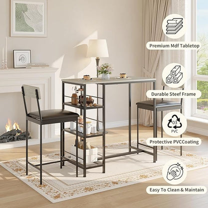 3-Piece Modern Dining Set, Dining Table Set with 2 Upholstered Bar Stools,Bar Table Set w/ Metal Frame&Built-in Wine Rack for Kitchen Dining Room Apartment Breakfast Nook 36"Lx 16.7"W x 37.2"H Gray