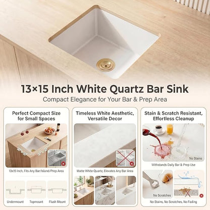 MILOSEN White Undermount Bar Sink, 13×15 Inch Small White Wet Bar or Prep Sink, 9 Inch Deep Granite Composite Outdoor Single Bowl Basin with Accessories, Small Quartz Sinks