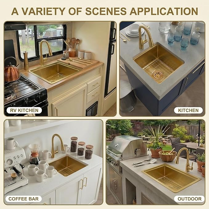 Kitsitchen Gold Bar Sink Undermount, 16 Guage Stainless Steel Workstation Sinks with Accessories, 15 Inch Small Kitchen Sink for RV, Outdoor, Wetbar, Pre-Bar