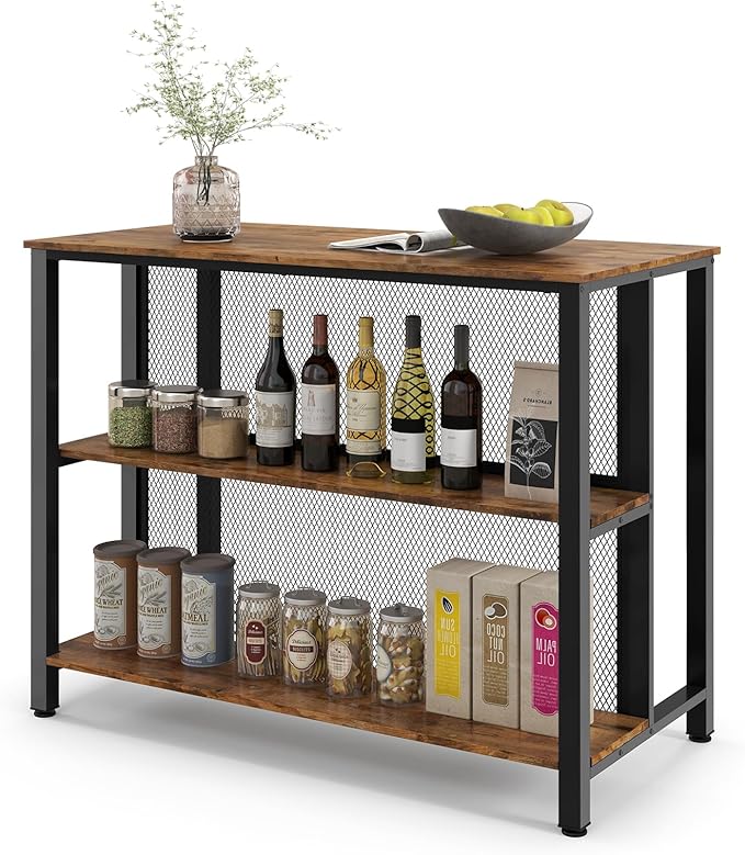 COSTWAY Home Bar Unit, 3-Tier Bar Table with Storage Shelves, Metal Frame, Adjustable Foot Pads, Breakfast Corner Bar Cabinet for Kitchen Island Dining Room (Rustic Brown)