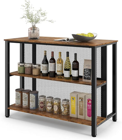 COSTWAY Home Bar Unit, 3-Tier Bar Table with Storage Shelves, Metal Frame, Adjustable Foot Pads, Breakfast Corner Bar Cabinet for Kitchen Island Dining Room (Rustic Brown)