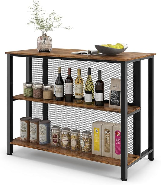 COSTWAY Home Bar Unit, 3-Tier Bar Table with Storage Shelves, Metal Frame, Adjustable Foot Pads, Breakfast Corner Bar Cabinet for Kitchen Island Dining Room (Rustic Brown)