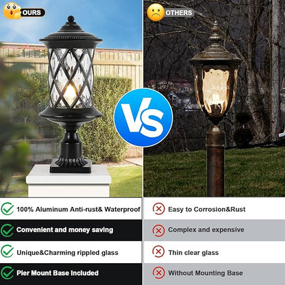 Industrial Exterior Lamp Post Lighting Fixture Waterproof Post Light Outdoor with 3-Inch Pier Mount Base, Water Glass Lampshade 60W E26 Retro Outdoor Pillar Light for Yard, Porch, Patio