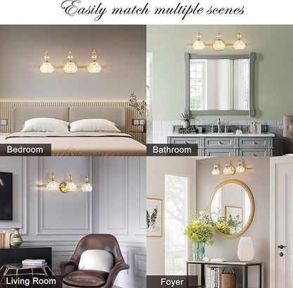Bathroom Vanity Light Fixtures, Farmhouse Vintage Wall Sconce Lighting with Glass Shade, Bath Vintage Wall Mounted Lamps for Mirror (3 Lights,Gold,G9 Base)