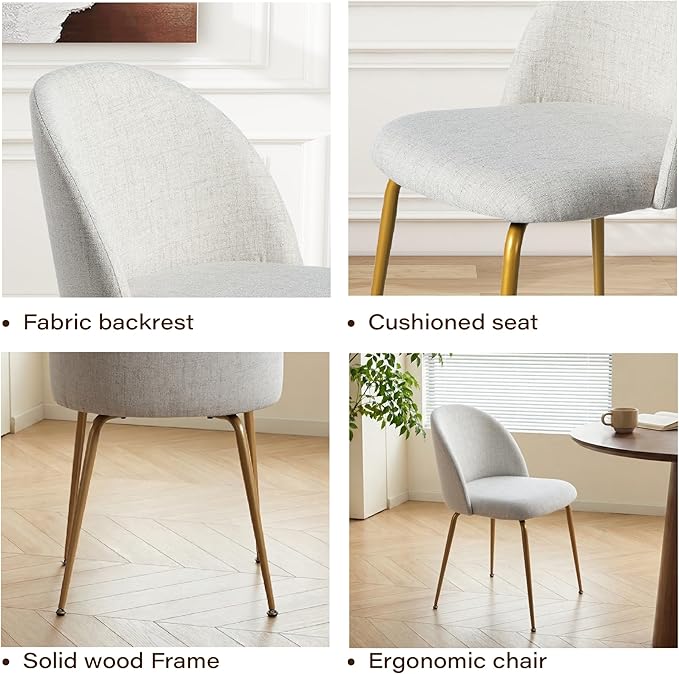 Casaphoria Dining Chairs Set of 2, Modern Gray and Gold Upholstered Accent Chairs with Metal Legs, Ergonomic Comfy Vanity Chair for Kitchen, Living Room, and Bedroom