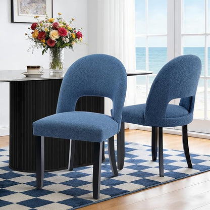 Upholstered Dining Chairs Set of 2, Mid Century Modern Kitchen Chairs with Solid Wood Legs & Linen Fabric Backrest for Dining Room and Farmhouse, Blue