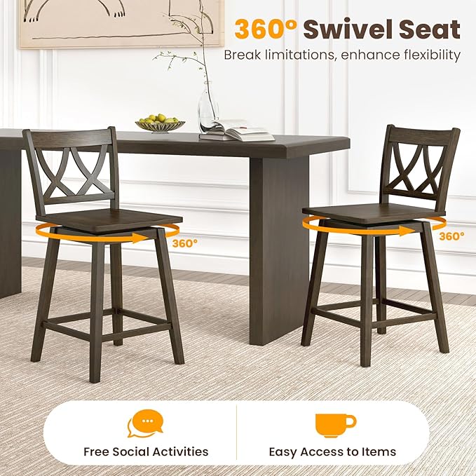 Giantex 24" Bar Stools Set of 2, Swivel Wooden Bar Chairs with Rubber Wood Frame, Footrest & Ergonomic Backrest, Counter Height Barstools for Kitchen Island, Restaurant & Pub, Dark Grey