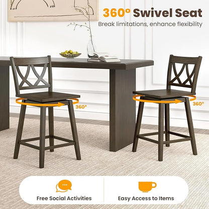 Giantex 24" Bar Stools Set of 2, Swivel Wooden Bar Chairs with Rubber Wood Frame, Footrest & Ergonomic Backrest, Counter Height Barstools for Kitchen Island, Restaurant & Pub, Dark Grey