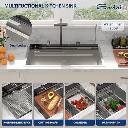 Sarlai 30 Inch Waterfall Kitchen Sink - 30x19 Inch Drop In Workstation Sink With Waterfall Stainless Steel 16 Gauge Multifunction Single Bowl Top Mount Kitchen Sinks with HoneyComb Finish