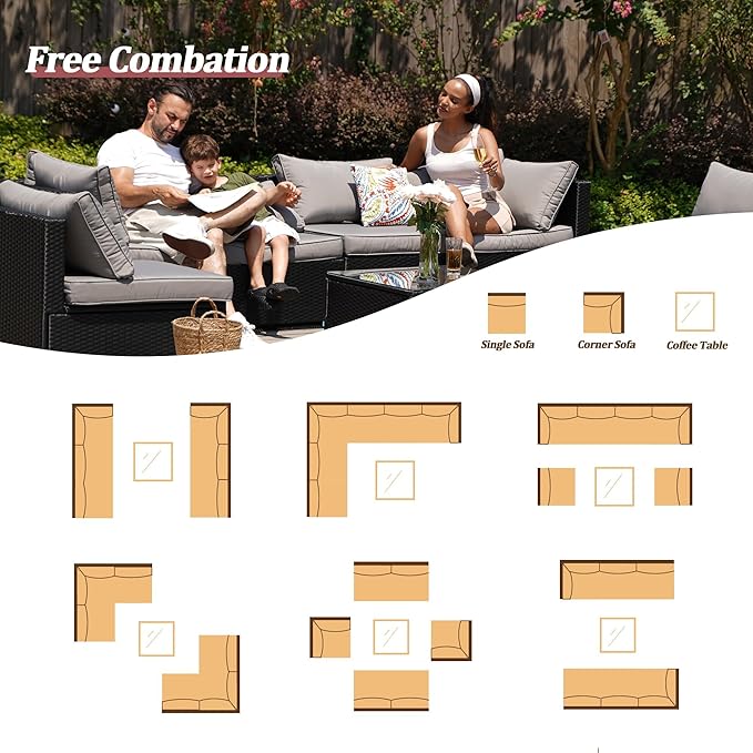 7 Piece Outdoor Patio Furniture Sets, Black Patio Sectional Furniture All-Weather PE Rattan Sectional Sofa, Outdoor Wicker Conversatin Set w Glass Coffee Table for Backyard, Spring, 2026