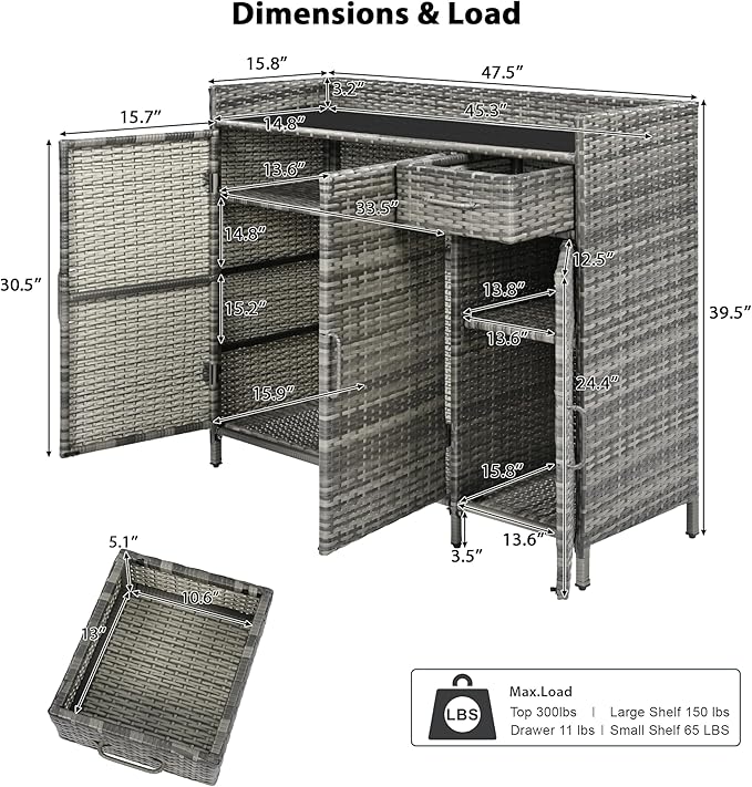 47.5 Inch Outdoor Storage Cabinet Wicker Buffet Table Patio Sideboard Tempered Glass Top Adjustable Shelves 3 Door Rattan Kitchen Island Drawer Dining Serving Console Metal Frame Grey