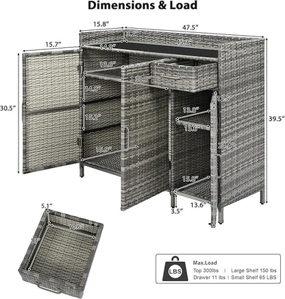 47.5 Inch Outdoor Storage Cabinet Wicker Buffet Table Patio Sideboard Tempered Glass Top Adjustable Shelves 3 Door Rattan Kitchen Island Drawer Dining Serving Console Metal Frame Grey