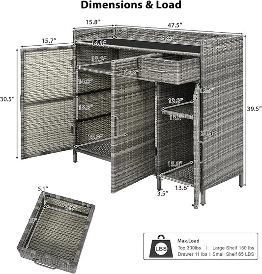 47.5 Inch Outdoor Storage Cabinet Wicker Buffet Table Patio Sideboard Tempered Glass Top Adjustable Shelves 3 Door Rattan Kitchen Island Drawer Dining Serving Console Metal Frame Grey