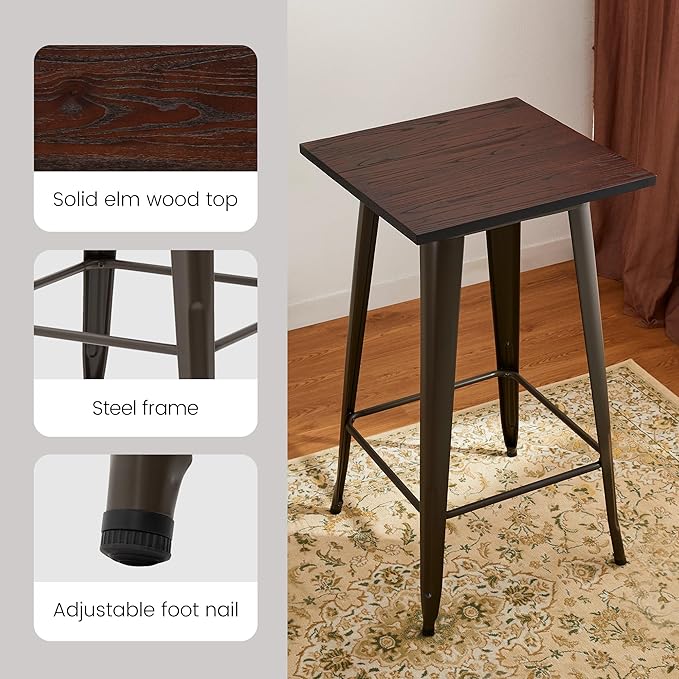 Glitzhome Bar Table and Chairs, Gray PU Leather Adjustable Swivel Bar Stools Set of 2, Square Rustic Cocktail Pub Table for Kitchen Island Bistro Office Living Room Dining Room Small Space