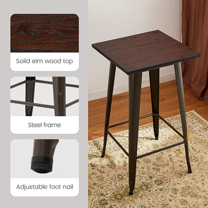 Glitzhome 3-Piece Pub Table and Chairs, Square Bar Height Adjustable Swivel PU Leather Bar Stools Set of 2, Rustic Dining Room Tables for Kitchen Island Bistro Office Living Room Small Space