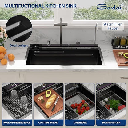 Sarlai Waterfall Kitchen Sink - 33 Inch Drop In Workstation Sink With Waterfall Black Stainless Steel 16 Gauge Multifunction Single Bowl Smart Top Mount Kitchen Sinks with Mechanical Keys 33x19 Inch
