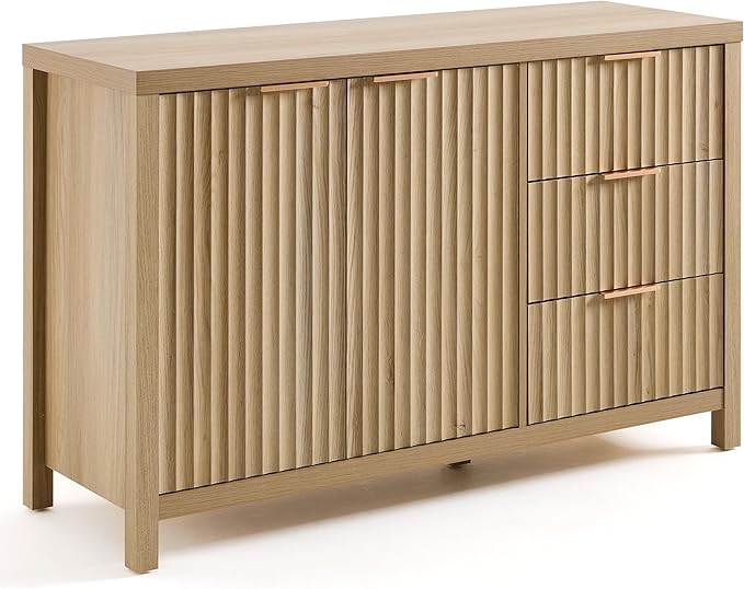 OAKHAM HOME Fluted Sideboard Cabinet 46.6'' Buffet Cabinet with 2 Doors and 3 Drawers Modern Storage Credenza with Adjustable Shelves for Living Room, Entryway or Kitchen, Golden Oak
