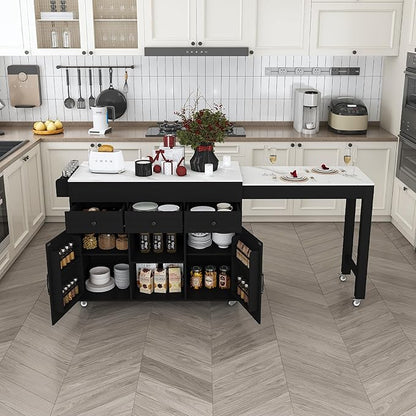 KEIKI 74.8" Kitchen Island with Extendable Dining Table, Rolling Cart with Power Outlet, 3 Drawers & Storage Cabinet on Wheels for Kitchen, Dining Room, Black