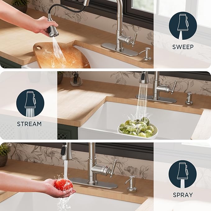 FORIOUS Vintage Kitchen Faucet with Soap Dispenser and Pull Down Sprayer, Brushed Nickel High Arc Single Handle Stainless Steel Classic Sink Faucet for Farmhouse Camper Rv Bar, Fit for 1 or 3 Hole