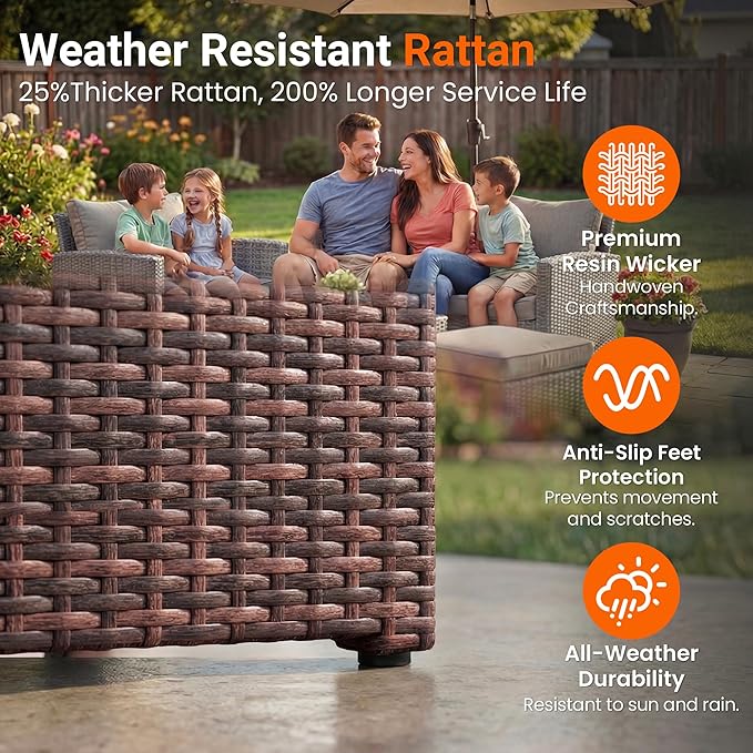 Wisteria Lane Patio Furniture Set, Wicker Outside Outdoor Furniture for All Weather, Patio Sofa with High Backrest Support and Wide Armrest for Backyard, Balcony, Deck, Porch, Brown