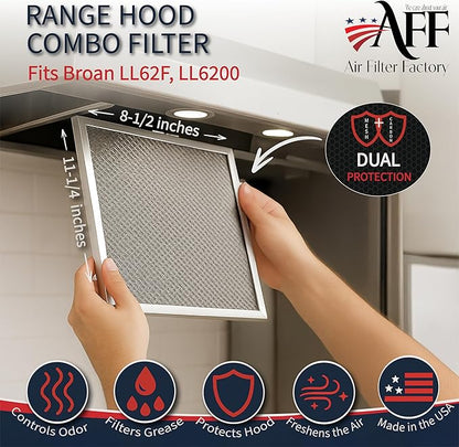 Air Filter Factory LL62F, LL6200, MM 6500 Compatible For Broan Nutone Aluminum Grease Mesh Charcoal Carbon Combo Range Hood Filter
