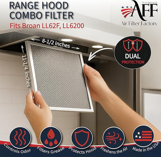 Air Filter Factory LL62F, LL6200, MM 6500 Compatible For Broan Nutone Aluminum Grease Mesh Charcoal Carbon Combo Range Hood Filter