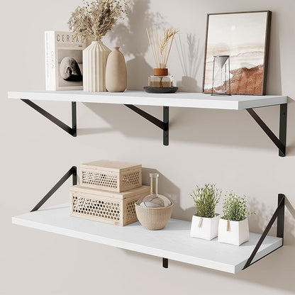 Acovy Floating Shelf for Wall,32" WX10 D Wood Floating Shelves with Sturdy Metal Bracket Set of 2,Wall Mounted Hanging Shelf for Bathroom,Bedroom,Kitchen,White