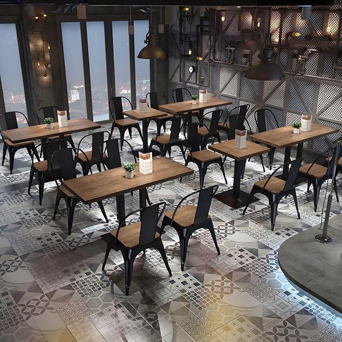 Commercial Dining Table, Metal Industrial Pedestal Dining Wood Top Table Kitchen Dining Room Minimalist Cafes Tea Shops Restaurant Rectangular Square Tables with Iron Legs