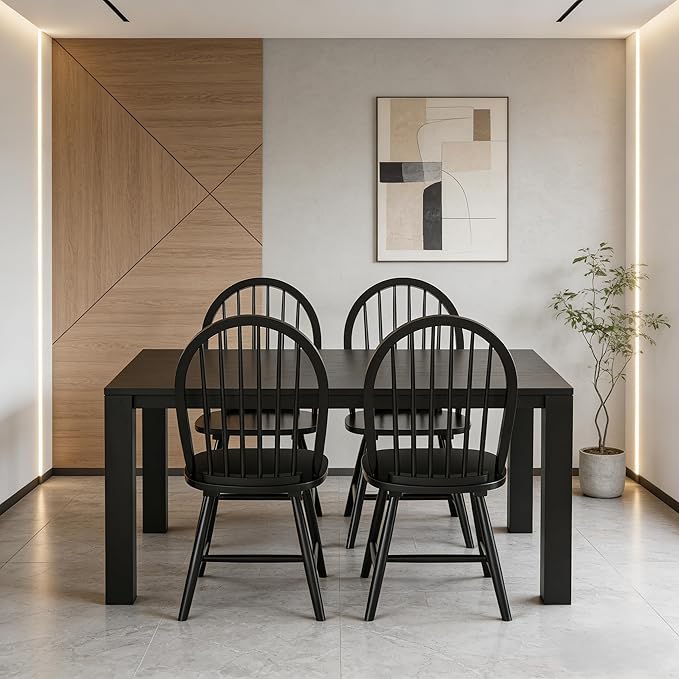 SIMOE Windsor Dining Chairs Set of 4, Farmhouse Wood Dining Chairs with Solid Wood Legs, Spindle Back Kitchen Chairs for Living Dining Room, Black