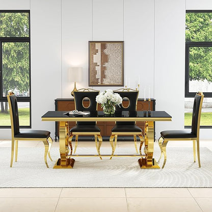 7-Piece Modern Luxury Dining Table Set, 70" Black Tempered Glass Kitchen Table with Gold Polished Stainless Steel U-Shaped Pedestal Base and 6 Black Hollow-Out Design Chairs for Dining Room, Office